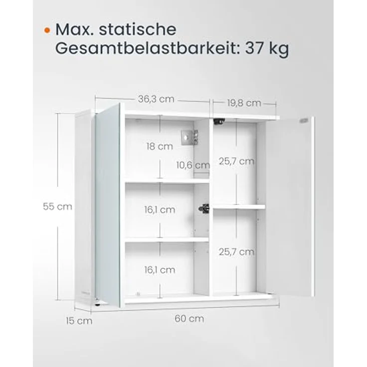 SONGMICS HOME Spiegelschrank, Badezimmerschrank, superschnelle werkzeuglose Montage, Toolless-Technologie, Badspiegel, verstellbare Ablagen, modern, 15 x 60 x 55 cm, schneeweiß BBC114WE01 – Bild 3