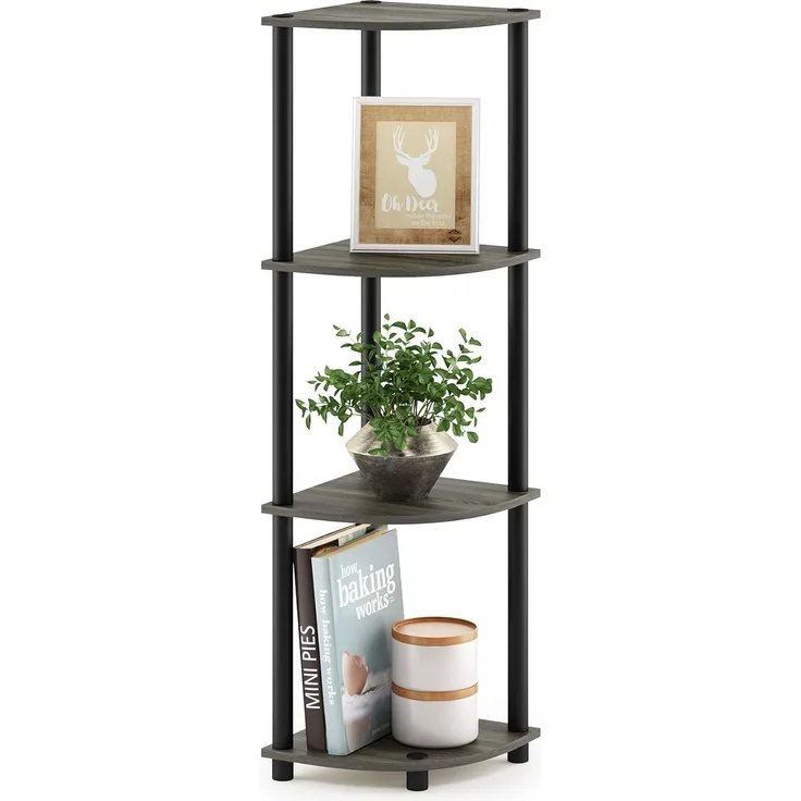 Furinno Eckregal mit 4 Ebenen, holz, Französische Eiche Grau/Schwarz, 29. 46x29. 46x110. 49 cm