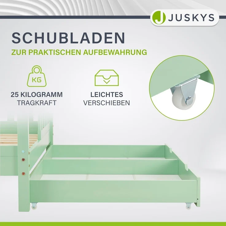 Juskys Kinderbett Marli 90 x 200 cm mit Matratze, Bettkasten, Rausfallschutz, Lattenrost & Dach - Massivholz Hausbett für Kinder - Bett in Mint – Bild 3
