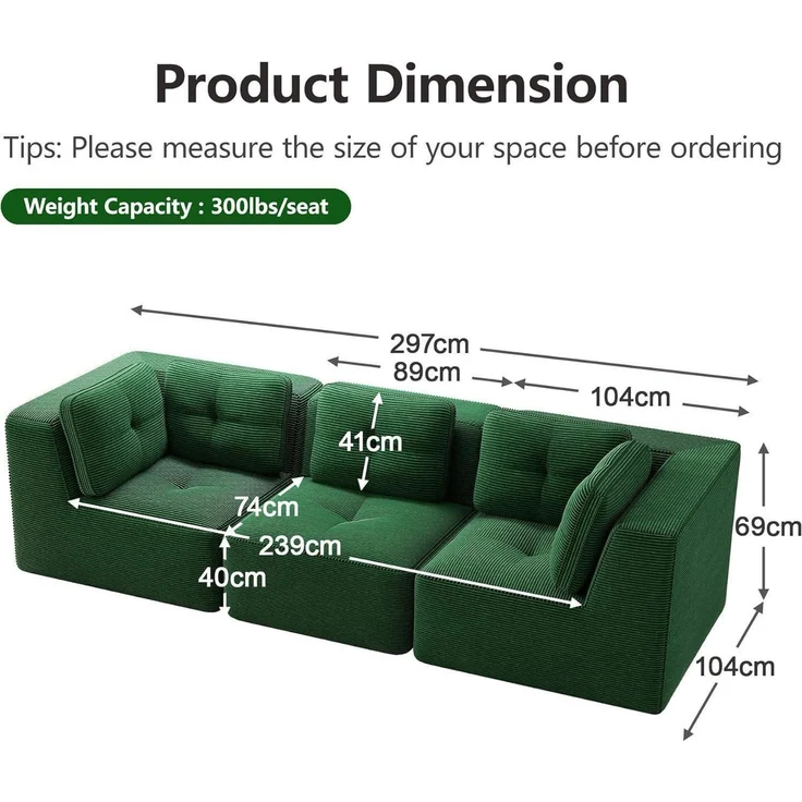 3-Sitzer-Sofa Ecksofa Cordstoff Polsterung Armlehnen Grün 3-Sitzer – Bild 2