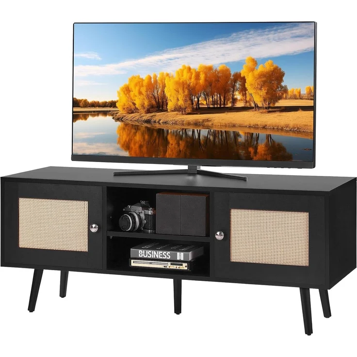 VEVOR Rattan-TV-Ständer, Fernsehschrank Boho-TV-Schrank für 140 cm Fernseher, Retro-TV-Ständer, Rattan-TV-Konsole mit verstellbaren Regalen & 2 Türen, für Wohnzimmer, Medienraum, Schwarz – Bild 9