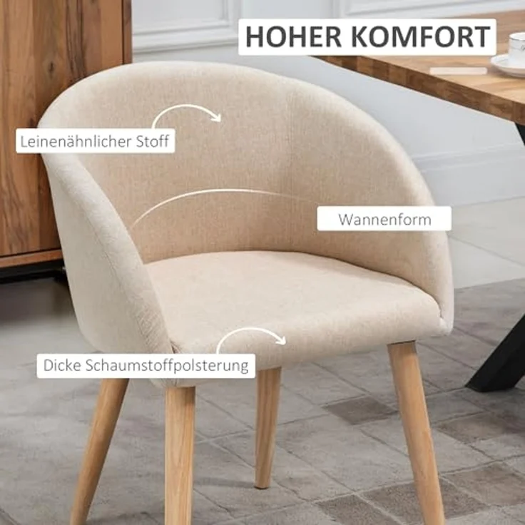 HOMCOM Esszimmerstuhl Polsterstühle mit Holzbeinen (Küchenstuhl, 2 St), für Esszimmer, Wohnzimmer, Beige – Bild 4