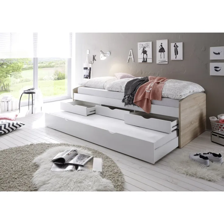 Bett Einzelbett Ausziehbett Schubladenbett Tandembett NESSI 90cm Weiß Sonoma