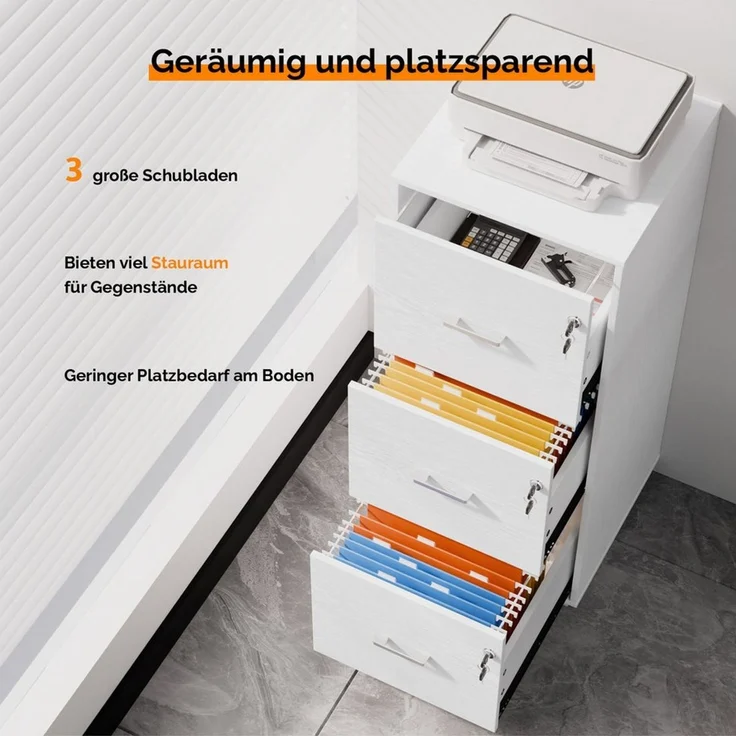 VINGLI Aktenschrank mit 3 Schubladen, Büroschrank abschließbar, 39x39x98 cm verstellbare Hängestange für A4 und Letter, Druckerständer Holz – Bild 3