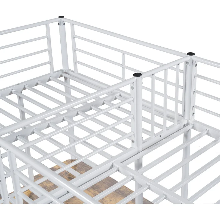 Bett 90x200 cm Hochbett mit Tisch und hohem Geländer, Metallrahmen, platzsparendes Zwei-Ebenen-Design – Bild 10