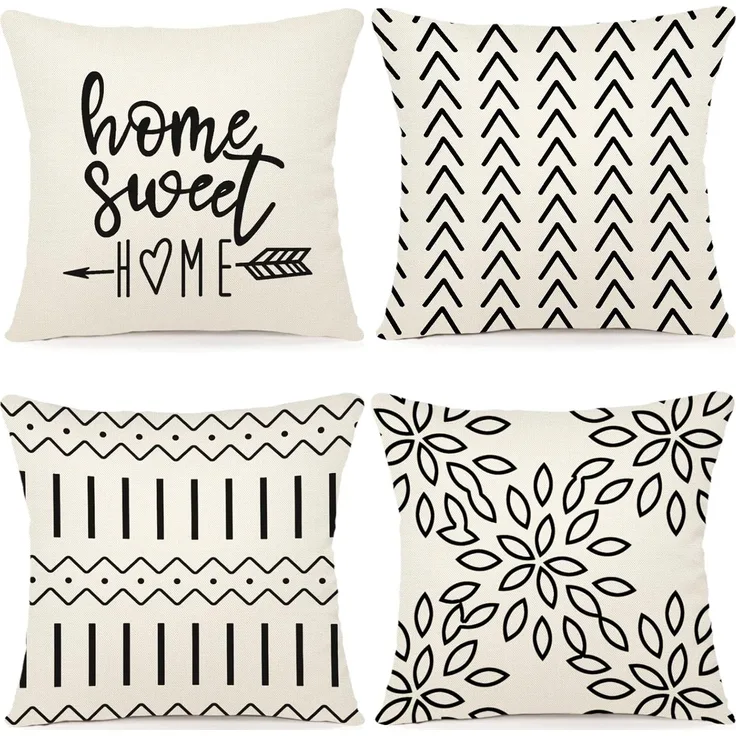 Kissenbezüge 45 × 45 cm 4er-Set Creme, Outdoor Leinen Kissenhüllen, Sofa Stuhl Bett Deko