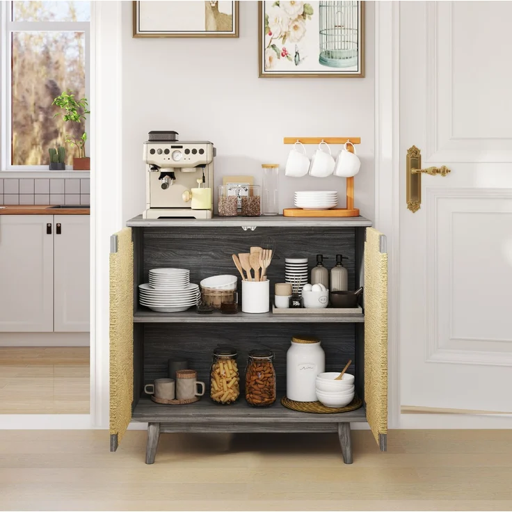 DESVIAE Sideboard Grau aus Holzwerkstoff – 79x78x39,5 cm – Papierseil-Geflecht, verstellbarer Fachboden – Bild 3