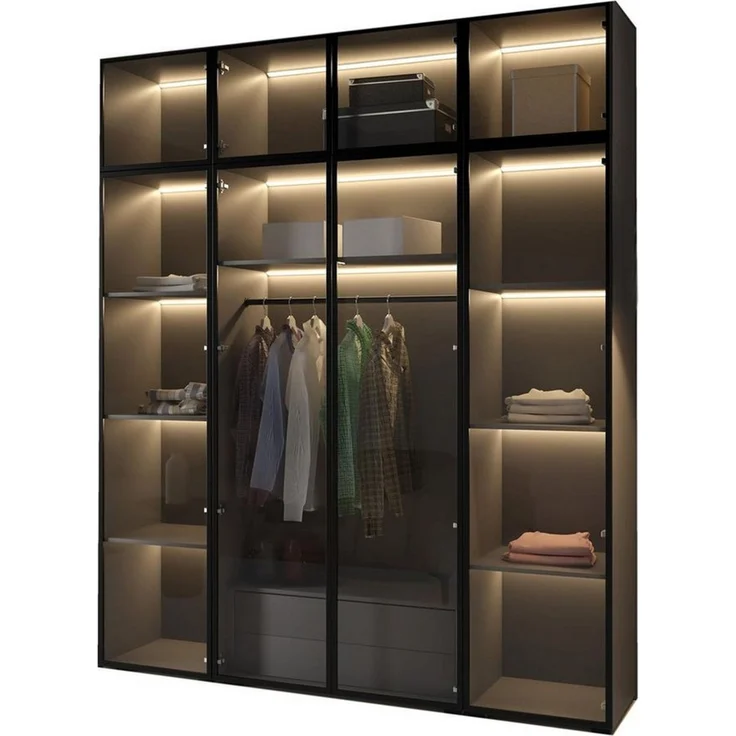 Compleo Drehtürenschrank mit Glasfront, Pefekt Garderobe, LED-Beleuchtung STELLS Kleiderschrank mit Aufsatz und Schubladen – Bild 1