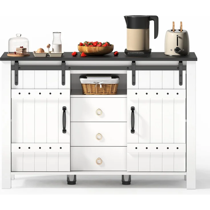 Merax 120 cm Buffetschrank mit Stauraum, Seitenschrank mit Schiebetüren und 3 Schubladen, rustikaler Holz-Kaffeebar-Buffettisch, weiß – Bild 9