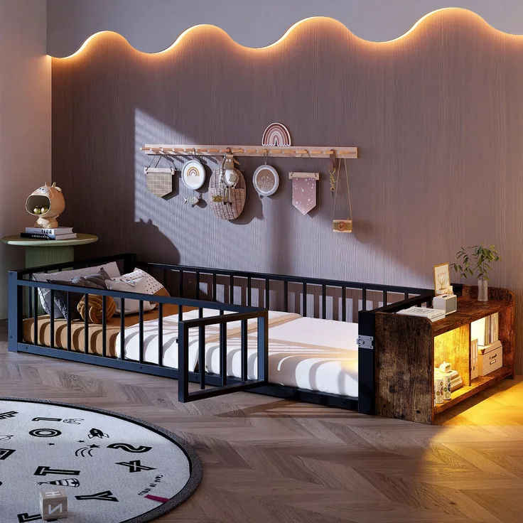 Merax Einzelbett, Kinderbett, Metallbett, 90 x 200 cm, Metallbettgestell, mit Schutzgeländer, ohne Matratze, Schließfächern, LED-Streifenleuchten, Schwarz