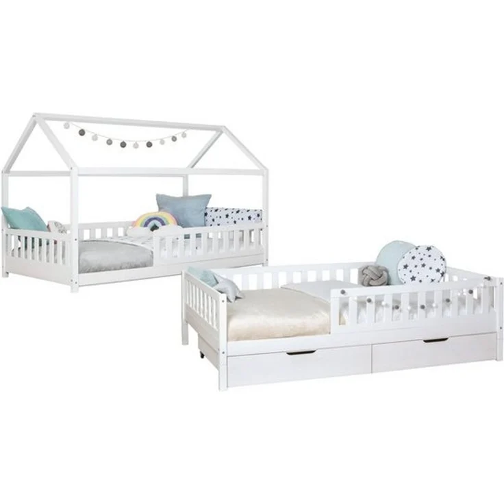 Ticaa Hausbett Duo mit Rausfallschutz und Schubkasten aus Kiefer, Bodenbett 90x200, inkl. abnehmbarem Dach, mit Rollrost – Bild 4