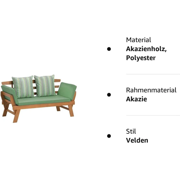 Greemotion 'Hawaii' Multifunktionsbank, klappbare Armlehnen, Akazienholz FSC® natur / grün, 198 x 78 x 68 cm – Bild 5