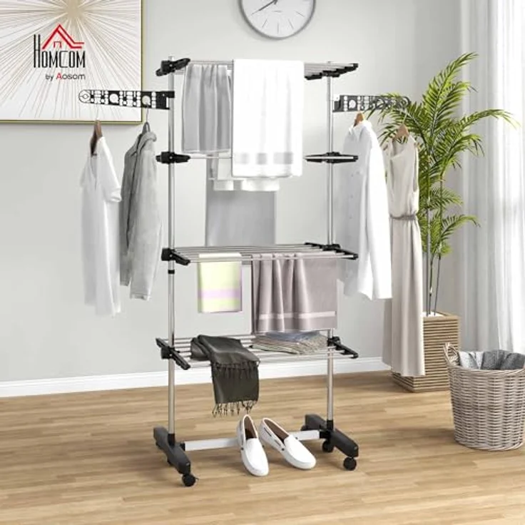 HOMCOM Wäscheständer Trockenständer mit Rollen, Wäscheturm für Indoor, Outdoor, Edelstahl, 142 x 55 x 172 cm, Schwarz – Bild 3