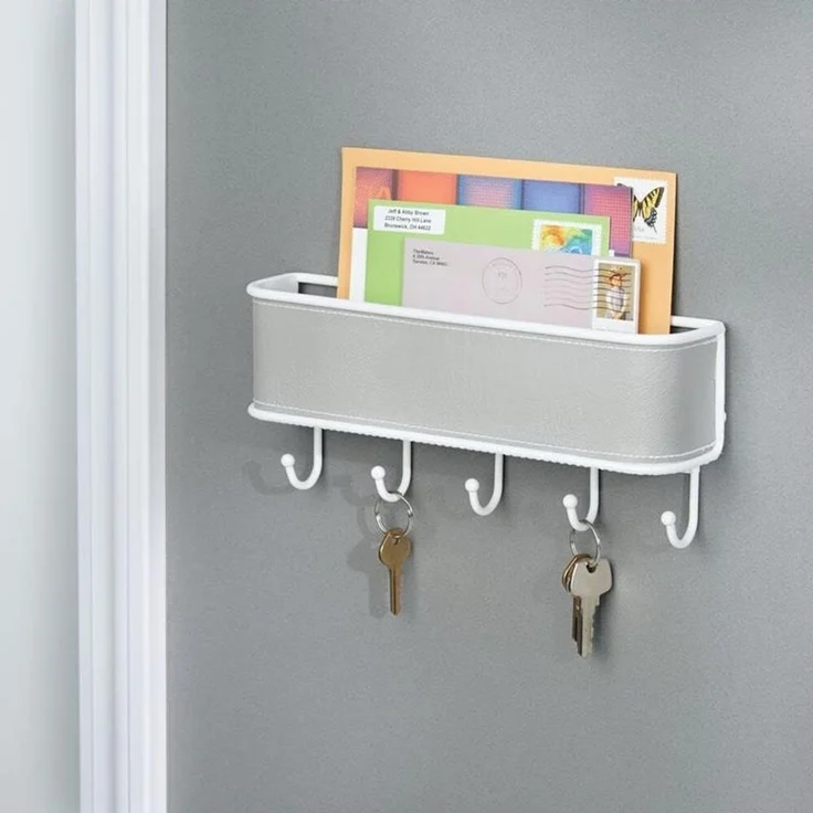 mDesign Briefablage Schlüsselbrett Organizer 5 Haken Wandmontage Grau Weiß – Bild 3