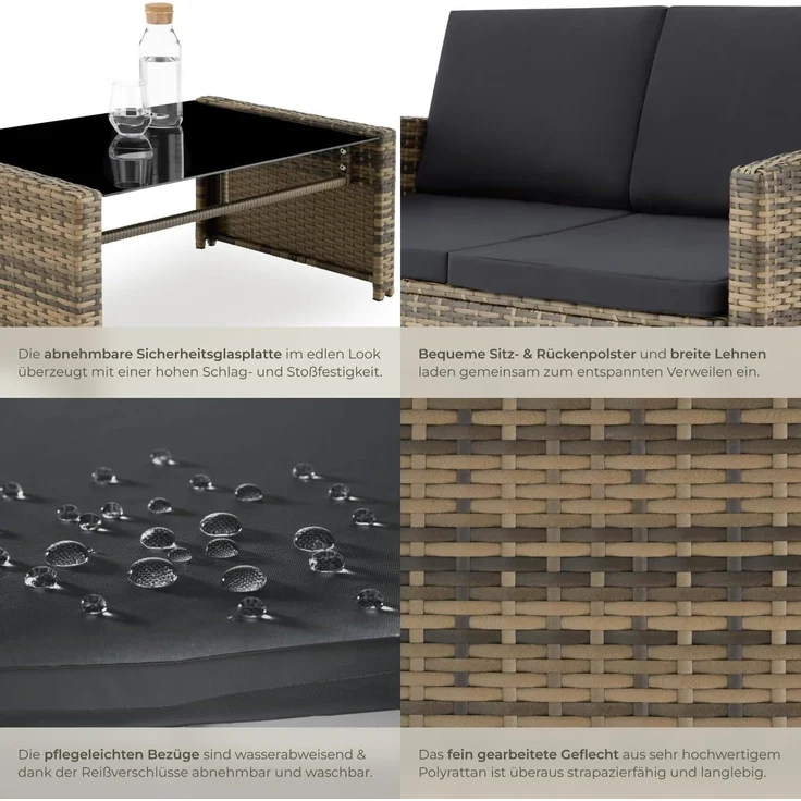 tectake Lounge Gartenmöbel Set Poly Rattan für den Garten, Möbel für den Balkon, 12-teilige Garten Lounge (wetterfest), Essgruppe mit Outdoor Sofa, Sessel und Tisch für 4 Personen (Natur/Dunkelgrau) – Bild 6