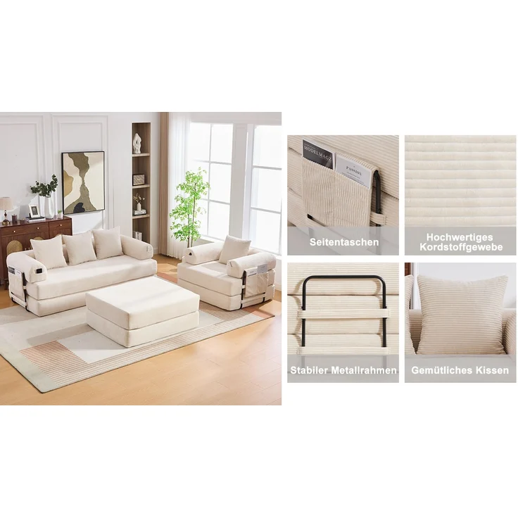 ZUBALIYA Ecksofa 94x67 cm, mit Ablageflächen, mit Cordbezug, mit breiten Armlehnen, modular aufgebaut, mit Schaumstoffpolsterung – Bild 16
