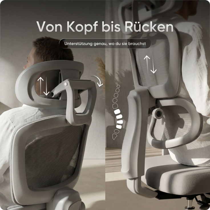 DESKSPACE Move Pro Ergonomischer Bürostuhl - Höhenverstellbarer Drehstuhl 3-stufiger Neigung Schreibtischstuhl, Bürodrehstuhl 150 kg Grau – Bild 7