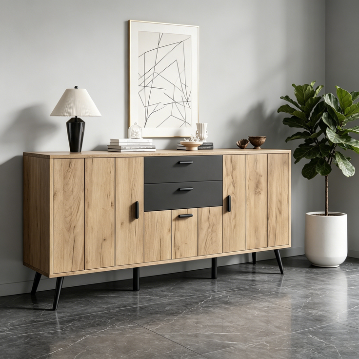 Merax Kommode, Sideboard, Mit Großer Arbeitsplatte, 2 Schubladen, 3 Türen, Beistellschrank Fur Wohnzimmer Esszimmer Küche, Schwarz+Holzfarbe – Bild 7