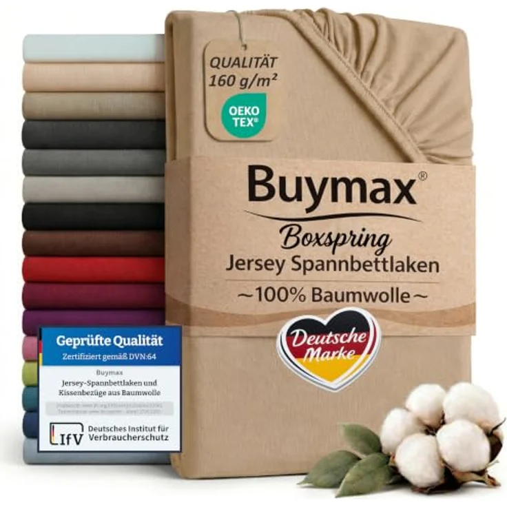 Buymax Spannbettlaken Boxspringbett 180x200-200x220 cm, 100% Baumwolle Jersey, 160 g/m², Oeko-TEX, für hohe Matratzen, Sand – Bild 1