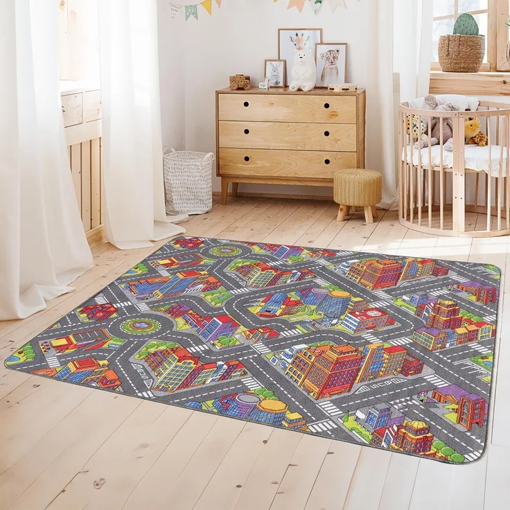 Primaflor Interaktiver Spielteppich BIG City - 95x200 cm, Made in Europe Kinderteppich mit Straßenmotiv, Hochwertiger Straßen-Teppich für Kinder- und Spielzimmer, Spielmatte für Jungen und Mädchen