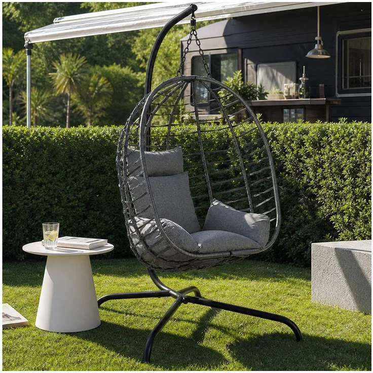 Sekey Hängesessel mit Gestell, grau, klappbarer Hängekorb Sessel aus Rattan, bis 150 kg belastbar mit Kissen für Indoor und Outdoor