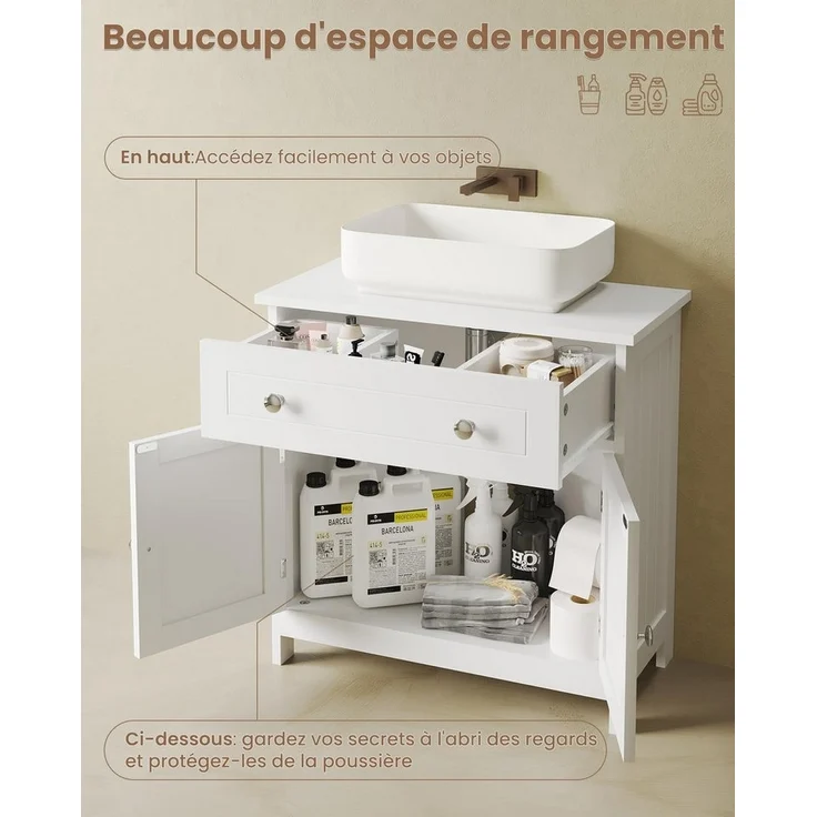 MSMASK Waschbeckenunterschrank mit Unterschrank 2 Türen Schulade 30T x 60B x 60.2H weiß – Bild 3