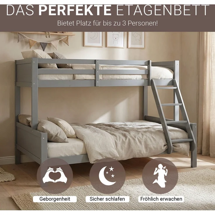 Etagenbett 90x200 und 140x200 Kinde Grau Holz Doppelstockbett Jugendbett Hochbett Stockbett – Bild 5