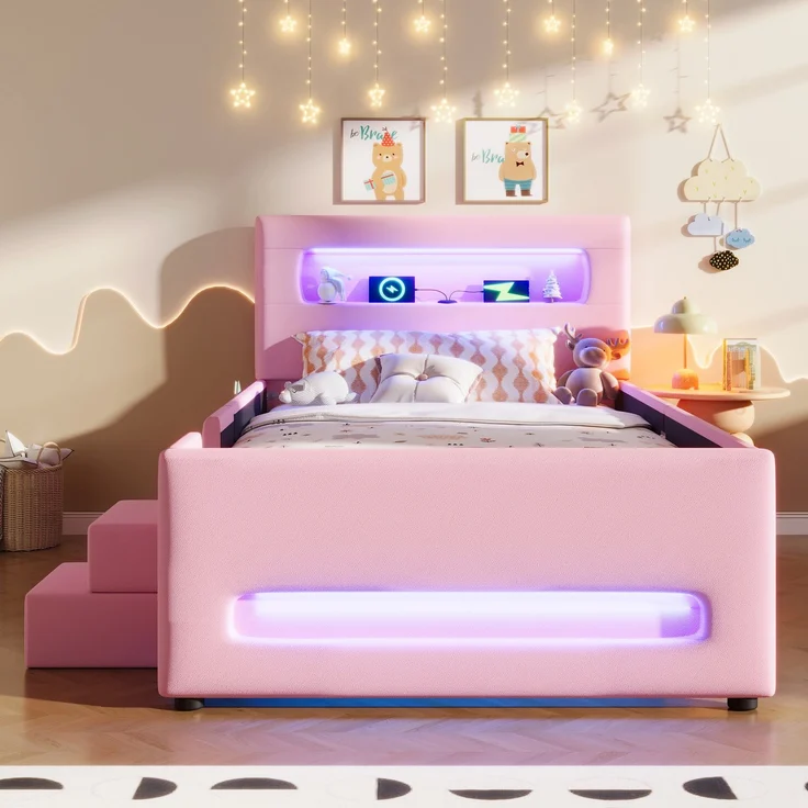 Gepolstertes Plattformbett 90x200 cm mit Treppe, Schubladen, LED-Lichtleisten, USB und Aufbewahrungstaschen, Rosa – Bild 2