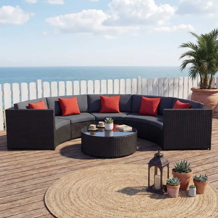 Poly-Rattan Garnitur rund HWC-E17, Garten-Set Sitzgruppe ~ schwarz, Polster dunkelgrau, Kissen terracotta