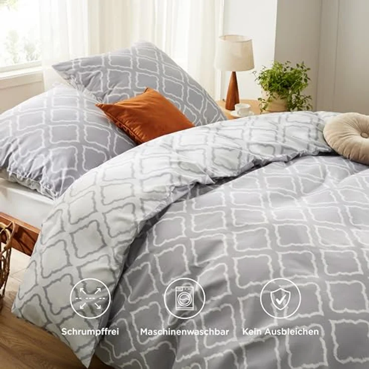 BEDSURE Bettwäsche 155x220 3teilig Bettbezug - Bettwäsche-Sets 155x220 cm mit 2 Kissenbezüge 80x80 cm, Bettwäsche Set Muster Grau Gitter für Einzelbett mit Reißverschluss – Bild 6