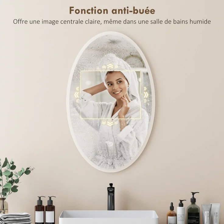 Badezimmerspiegel mit Beleuchtung 80 x 50 cm, ovaler LED-Spiegel, beschlagfrei, 3 Lichtfarben, dimmbar, transparent – Bild 8