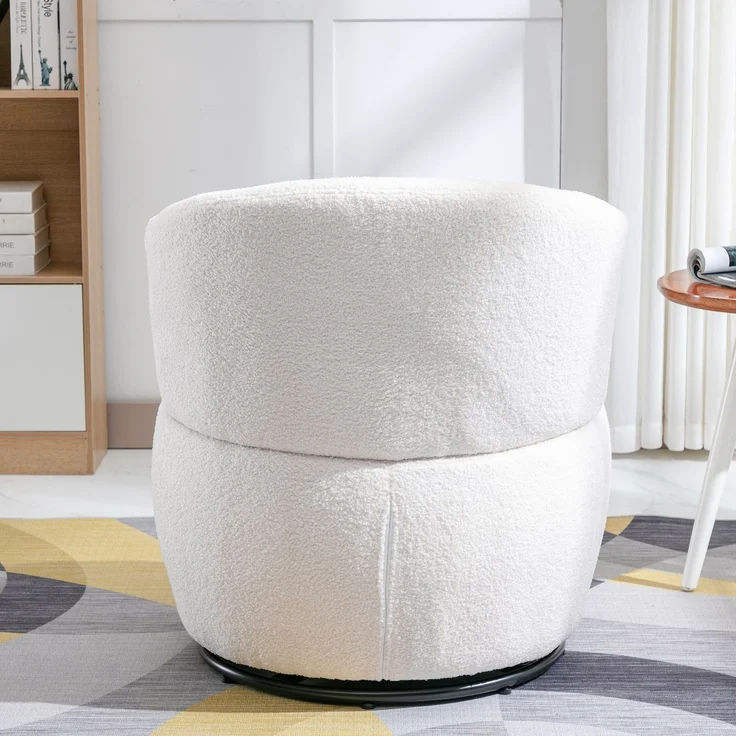 Schaukelstuhl aus Teddyplüsch in Weiß mit 360° Drehfunktion, ergonomischer Lendenstütze und Holzrahmen, Loungesessel mit Metallfuß – Bild 4
