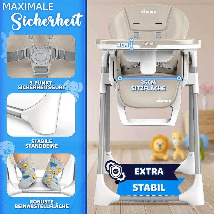 KIDUKU® Hochstuhl Baby 3in1 mit Neugeborenenaufsatz + Lätzchen, Spielbogen & Tisch | Kinderhochstuhl klappbar mit Liegefunktion | Kombihochstuhl höhenverstellbar | Babystuhl mitwachsend 0-36 Monate – Bild 10
