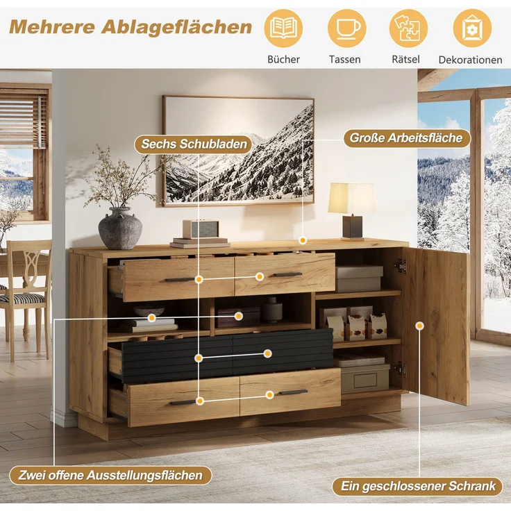 DESVIAE Sideboard Eiche aus MDF – 140x70x35 cm – 6 Schubladen, 1 Tür – Bild 4