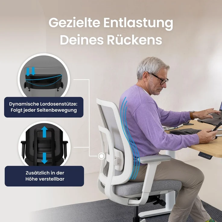 Ergotopia 'PureBack' ergonomischer Bürostuhl mit Lordosenstütze & 4D-Armlehne, Grau, ohne Kopfstütze – Bild 3