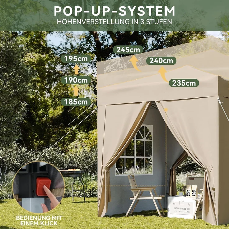 Aoxun Pop Up Pavillon 2x2m Wasserdicht mit 4 Seitenwänden, Metallrahmen-Schutzzelt, Höhe Verstellbar, Faltpavillon 2x2 mit Tragetasche für Camping Party, Beige – Bild 6