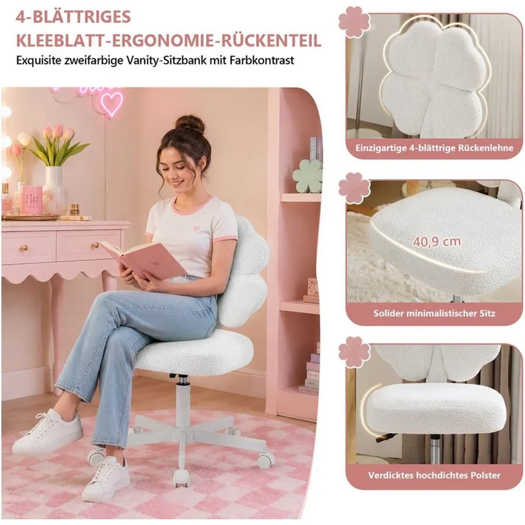 VINGLI Bürostuhl ohne Armlehnen höhenverstellbar, Schminkstuhl Mädchen, in Kleeblattform – Bild 4