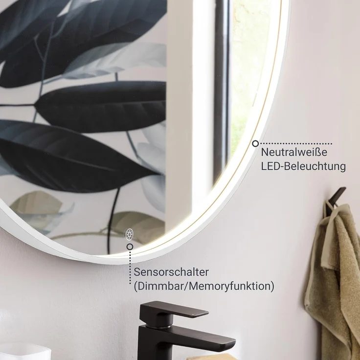 BADEDU VAAL LED Spiegel Ø 70 cm, rund, Weiß, Sensor – Bild 3