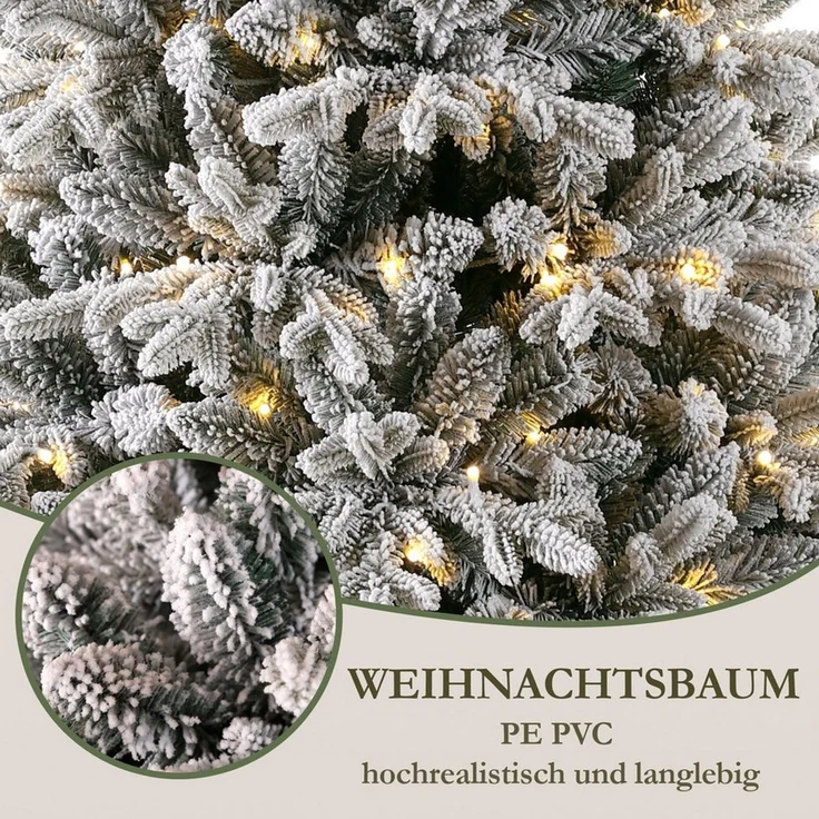 Sinaopus Künstlicher Weihnachtsbaum mit Beleuchtung, Weihnachtsbaum mit Schnee, aus PE und PVC, Tannenbaum künstlich, Christbaum mit Metallständer, Weihnachtsdeko, 180cm, 260 Lichter, 1000 Spitzen, flammbeständig, naturgetreu – Bild 4