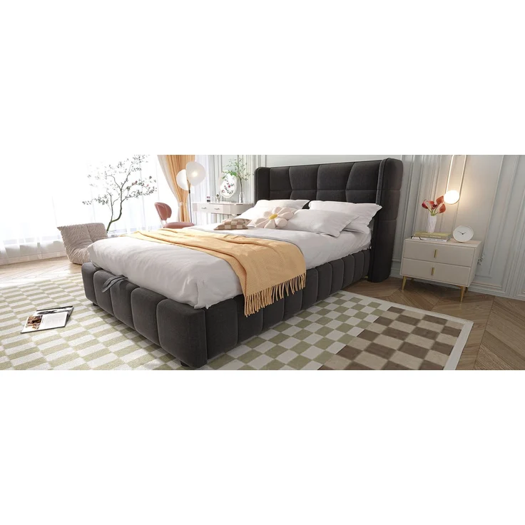 EINHOM Polsterbett 90 x 200 cm, Kinderbett mit Lattenrost, Kopfteil und Pneumatischem Stauraumsystem, Leinenrahmen, Geeignet für Kinder und Jugendliche, Grau, (Ohne Matratze) – Bild 6