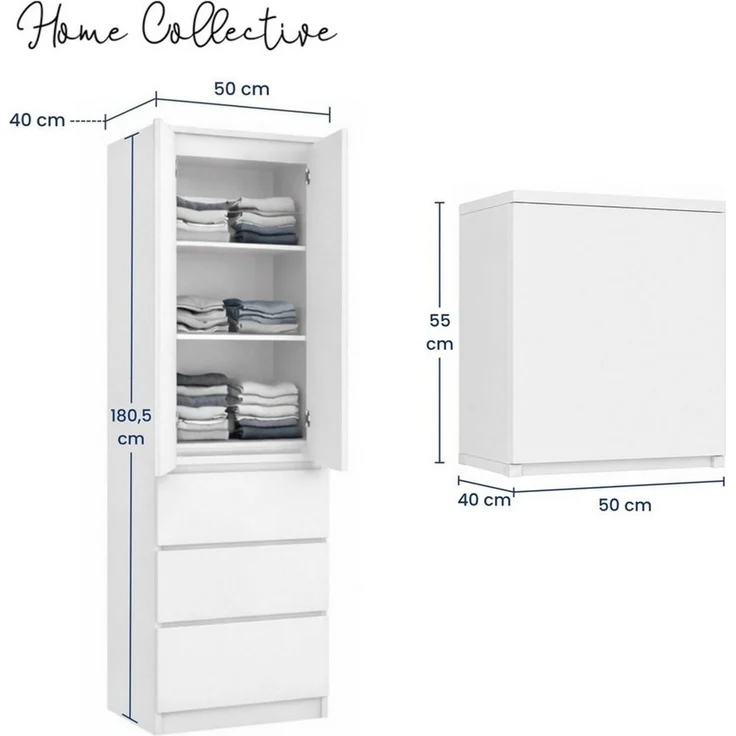Home Collective Kleiderschrank Garderobenschrank Mehrzweckschrank Schrank platzsparend & vielseitig (50x40x180,5 cm (BxTxH), ideal für Schlafzimmer Flur & Arbeitszimmer) mit Aufsatz, 2 Türig 3 Einlegeböden & 3 Schubladen in weiß – Bild 2