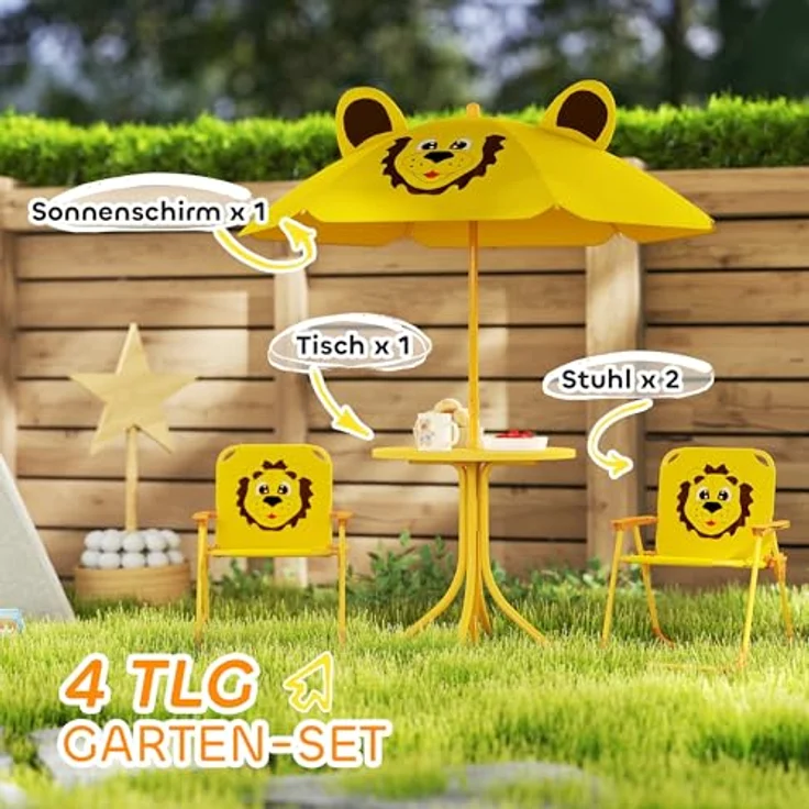 AIYAPLAY Garten-Kindersitzgruppe Kindersitzgarnitur mit höhenverstellbarem Sonnenschirm, (Gartentisch, 2 Klappstühle, 4-tlg, Löwen-Design für 2-5 Jahre Kinder), Gelb – Bild 4