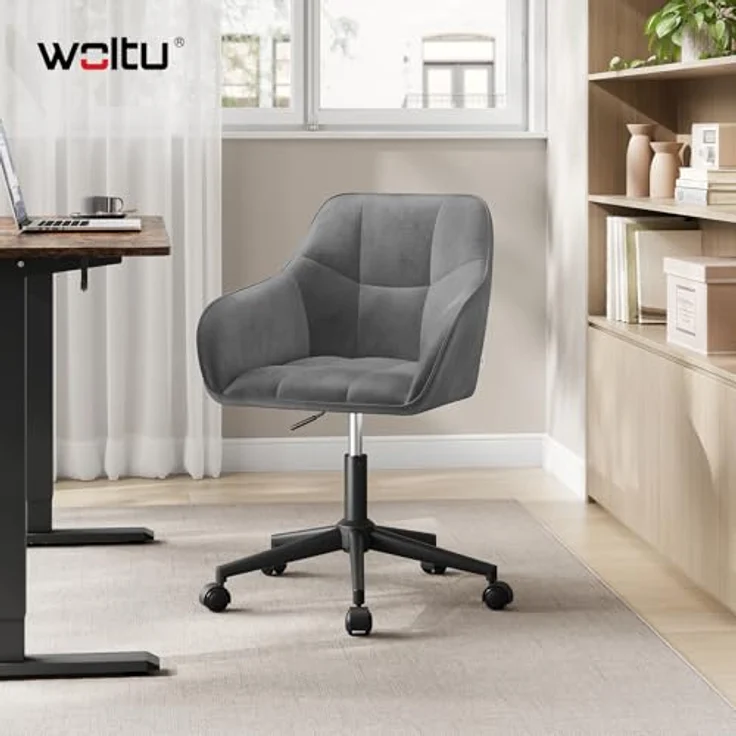 WOLTU Homeoffice Stuhl, Schreibtischstuhl, Drehstuhl, Schminkstuhl, höhenverstellbar, bis 150 kg belastbar, mit Armlehnen Samtsitz, für Schlafzimmer Büro Wohnzimmer, Dunkelgrau+Schwarz BS145dgr – Bild 3
