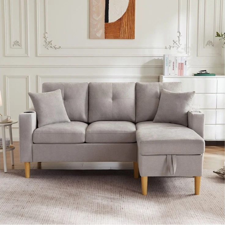 Merax 3-Sitzer Ecksofa Eckcouch in L-Form Eckgarnitur, L-förmiges Sofa aus Baumwoll- und Leinenstoff, 175*129*90cm 1 Teile, 3-Sitzer-Sofa mit integriertem Stauraum, Getränkehaltern und 2 Kissen – Bild 3