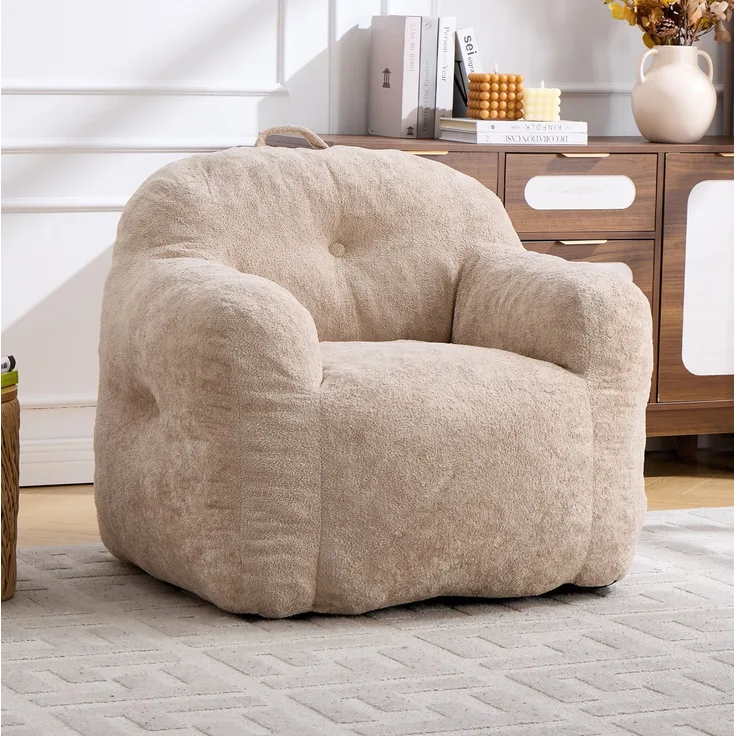 Sitzsack-Sessel 95cm×95cm×79cm mit Armlehnen – Kunstfell in Beige, ergonomisch geformt, ohne Montage