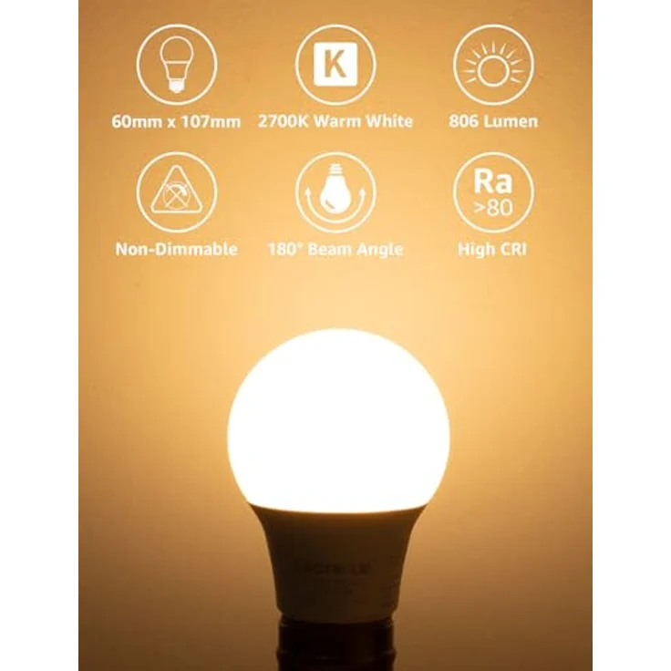 Lepro 8.5W E27 LED Warmweiss, 806 Lumen Glühbirne E27 ersetzt 60W, 2700K Warmweiß A60 glühbirnen, 180°Abstrahlwinkel Led Birne, Nicht Dimmbar, 12 Stück – Bild 3