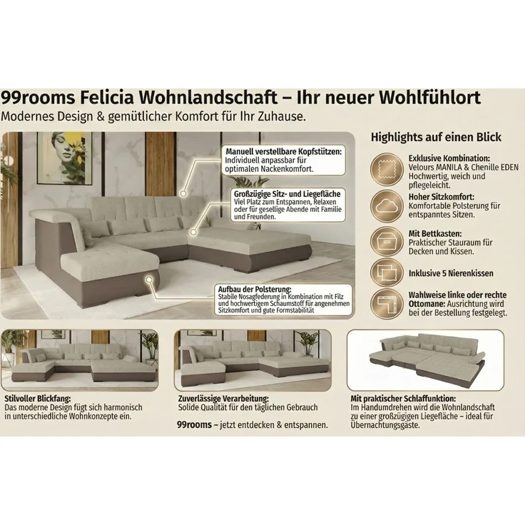 99rooms Felicia Wohnlandschaft Velours MANILA Braun Chenille EDEN Cappuccino Links – Bild 2