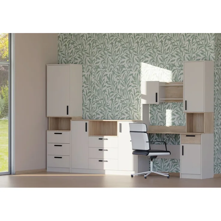 Marmex Möbel Grant Set-29C Jugendmöbel Kombi Schreibtisch Standregal Kommode, laminierte Spanplatte, graubeige cashmere+cremona torro 314x195x52,5 cm