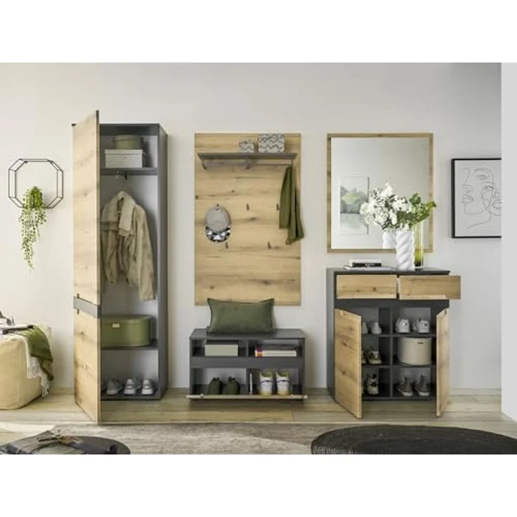 moebel-dich-auf Garderoben-Set TARENT, (Komplett-Set, Garderobenschrank + Paneel + Bank + Spiegel + Schuhkommode), in Anthrazit MDF / Evoke Oak MDF – Bild 3
