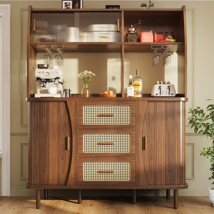 Hochwertiger Buffetschrank mit Rattanoptik & Glasschiebetüren, 174,5cm hoher Küchenschrank mit Stauraum, Naturholz-/Nussbaum-Optik, belastbar bis 60kg